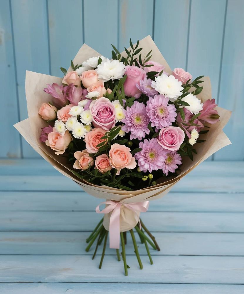 Букет цветов из: Хризантемы, Розы и Альстромерии в Мелехово