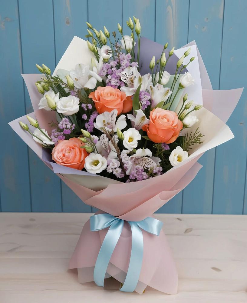 Букет цветов из: Лизиантусы, Розы, Альстромерии и Гипсофила в Мелехово