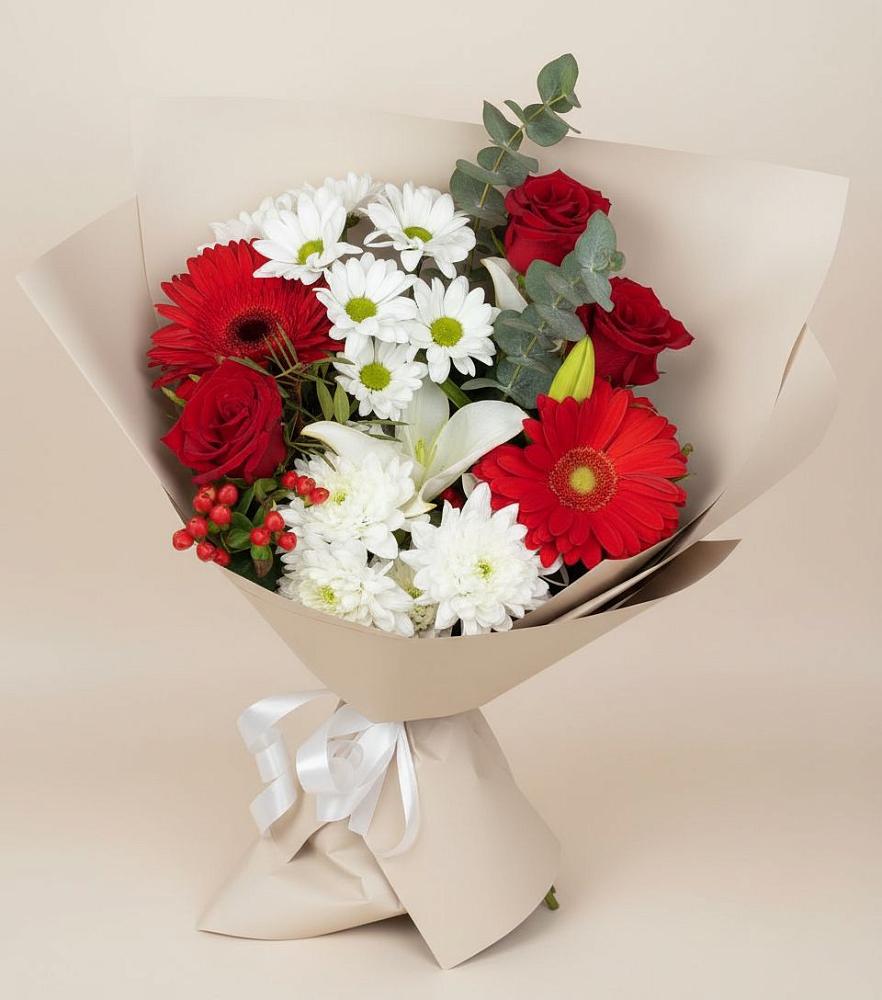 Букет цветов из: Розы, Хризантемы, Герберы и Лилии в Мелехово