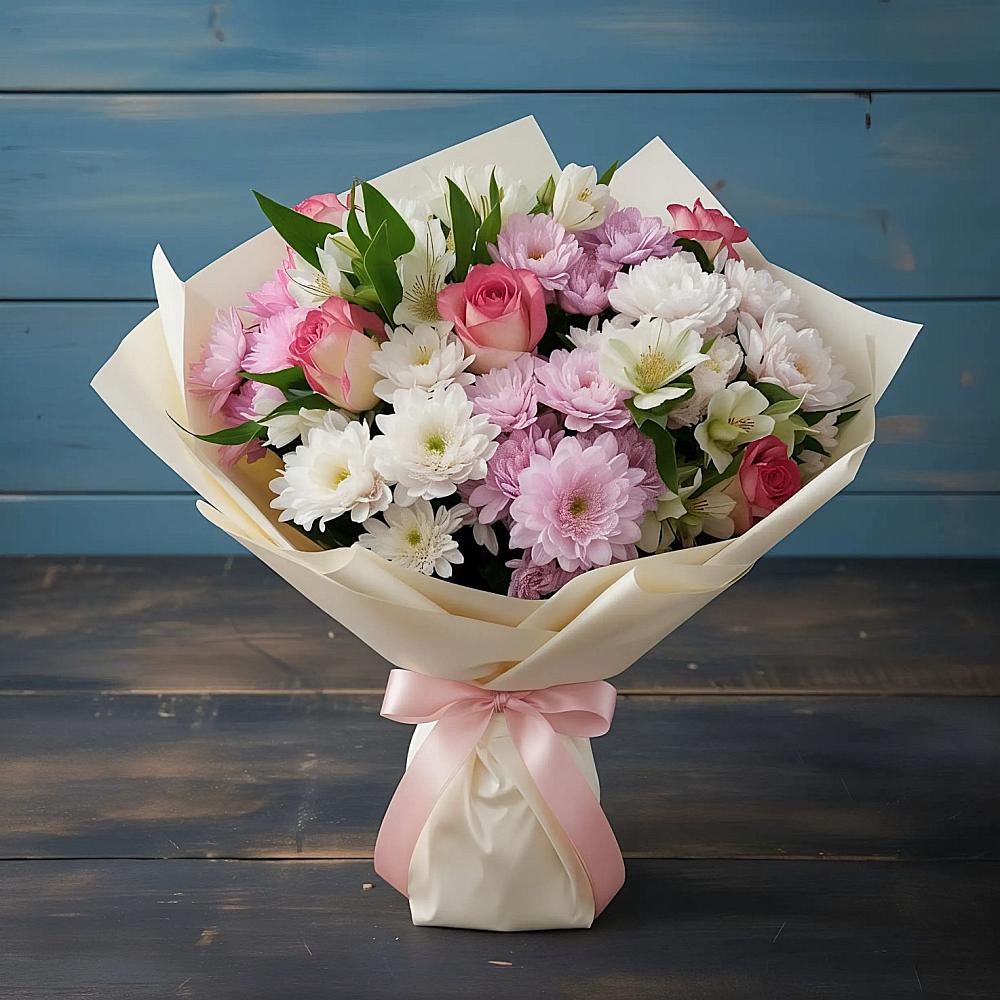 Букет цветов из: Хризантемы, Альстромерии и Розы в Мелехово